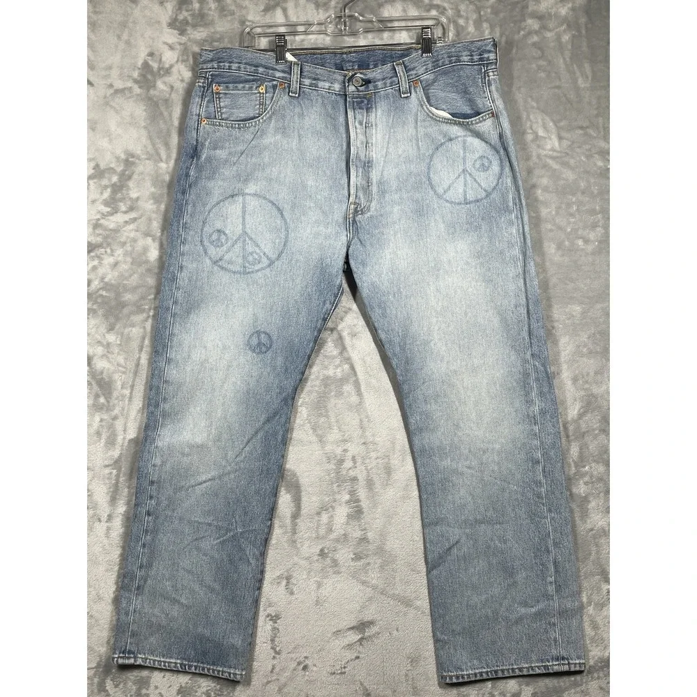 Levis 501 150th Anniversary Peace Sign Graphic Jeans Light Wash Mens 40x30